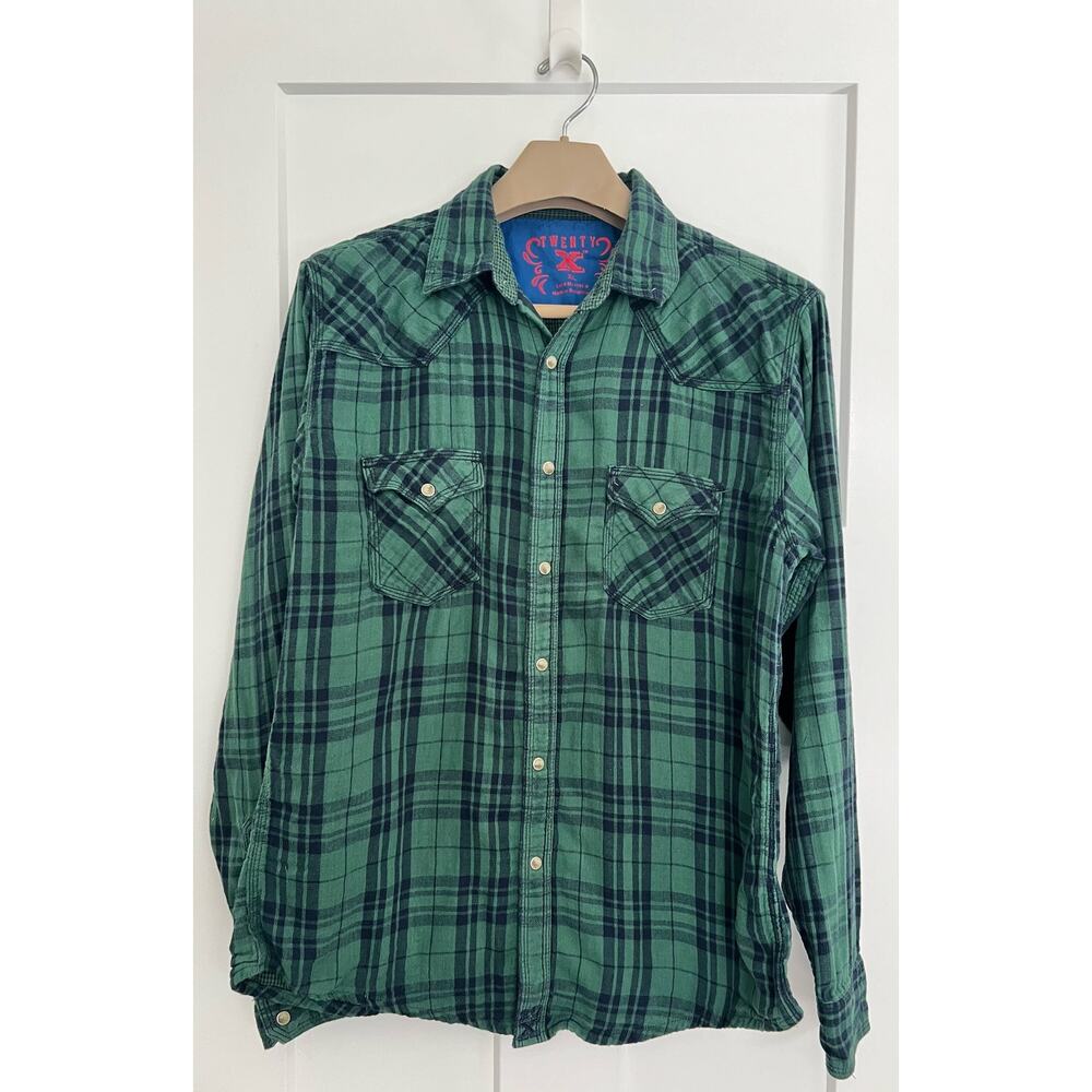 Twenty X Flannel Shirt Blue Green SIZE XL Long Sleeve Pearl Snap 100% Cotton
